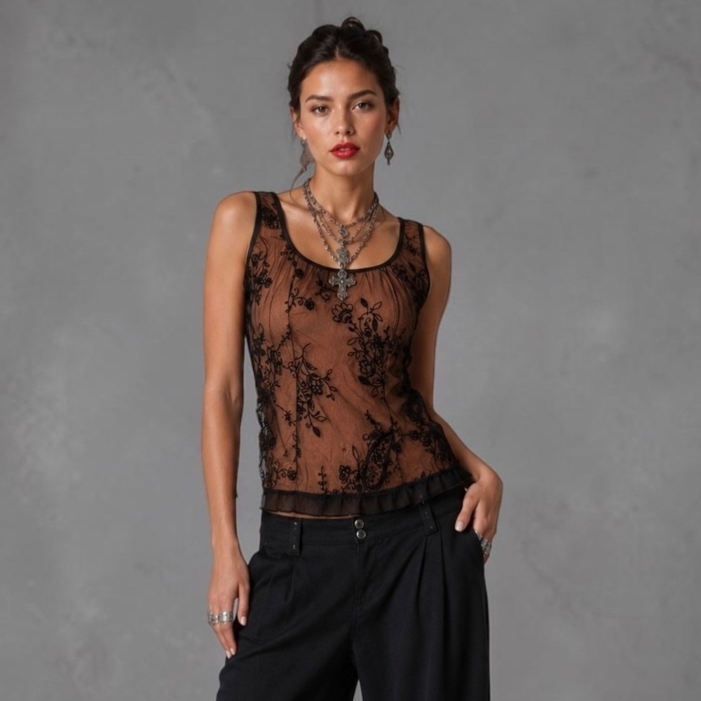Vintage Y2K Brown Black Floral Lace Mesh Top Petite S/L Whimsigoth Fairy JTB - Picture 1 of 11